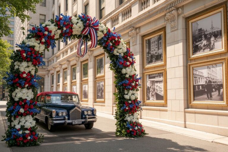 Vintage blue car under a tall arch of red, white, and blue flowers on a city street.