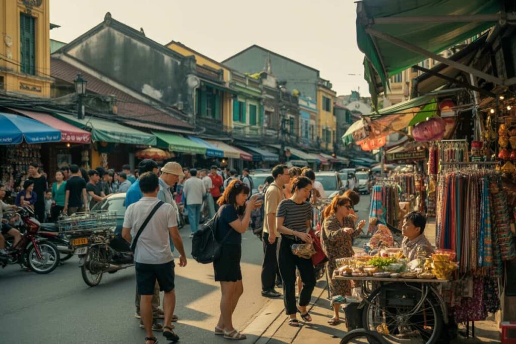 Bustling street market with shoppers browsing a food stall on a wheeled cart along a row of colorful storefronts.