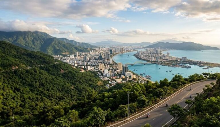 A coastal city set in green hills with a harbor, skyline, and a winding road in the foreground.
