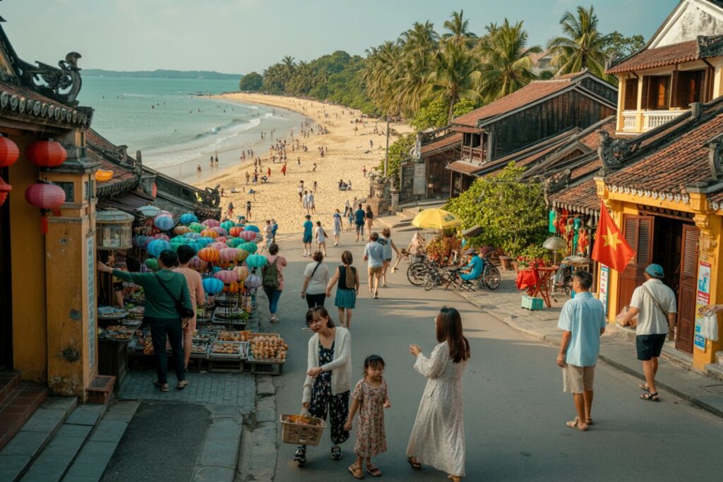 Bustling seaside street in a tourist town with colorful lanterns, market stalls, and families walking toward a sunny beach lined with palm trees in the background.