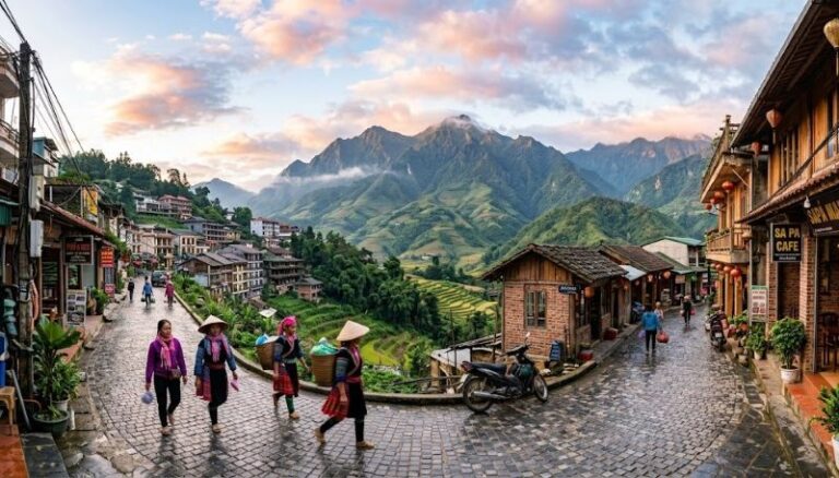 Cobbled mountain village street with wooden shops, locals in traditional dress walking, and terraced hills under a pink-clouded sky.