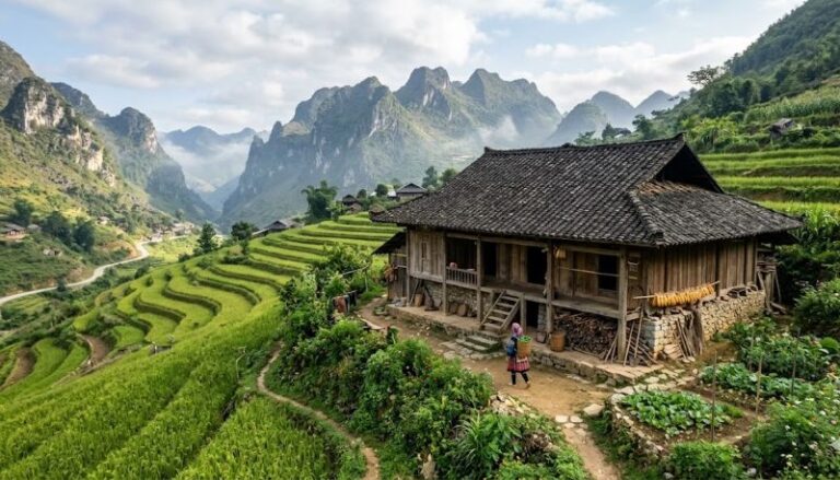 Terraced rice fields surround a wooden hillside house with mountainous backdrop and a person standing at the entrance.