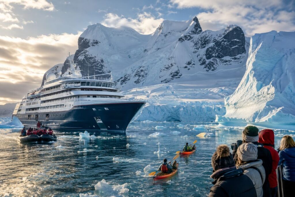 Large cruise ship beside a glacier, with kayakers and spectators in winter gear amid icy waters and snow-covered mountains.