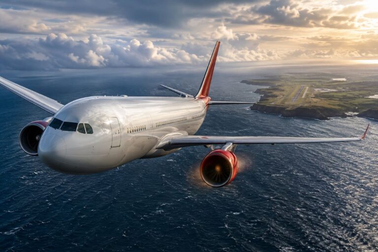 Commercial airliner flying over the ocean with a coastline visible below at sunset; red engine and tail fin shown.