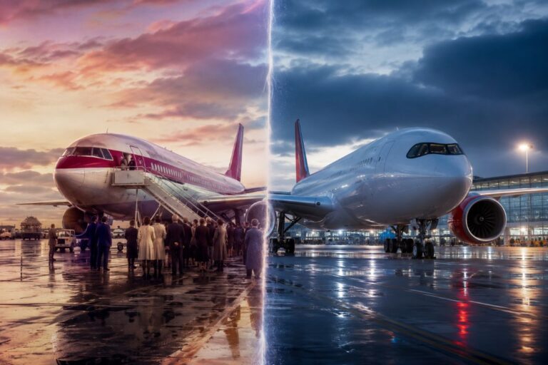 Split image of an airport: left side shows passengers boarding a pink-and-white jet at sunset, right side shows a white jet at night with its engines visible.