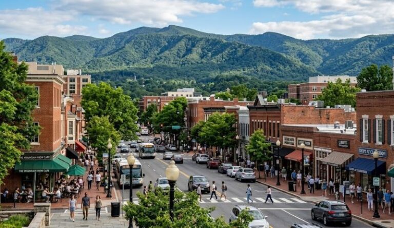 Busy main street in a mountain town, brick storefronts, pedestrians crossing, cafe patios, and hills in the distance.