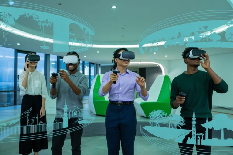 Diverse group wearing VR headsets and controllers in a modern tech lounge, exploring a virtual environment.