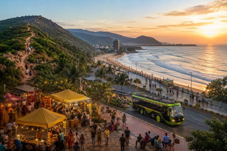Sunset over a busy seaside promenade with market stalls under string lights, a bright green bus on the road, and hikers on a hill trail overlooking the beach and ocean.