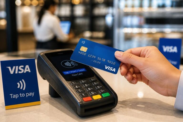 Person taps a blue Visa card on a card reader at checkout for contactless payment.