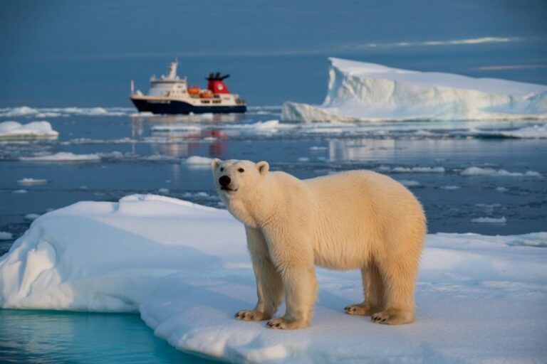 Polar bear standing on an ice floe in Arctic waters with a distant ship in the background.