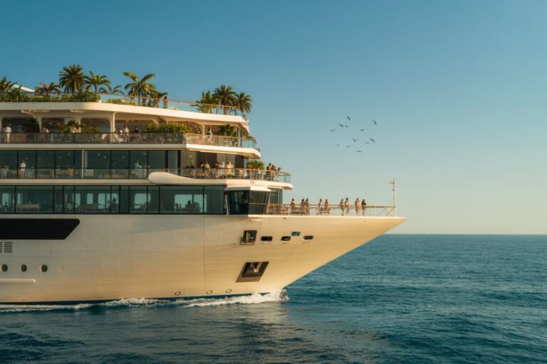 Large white luxury yacht with multiple decks cruising on calm blue water, passengers on deck enjoying the sun.