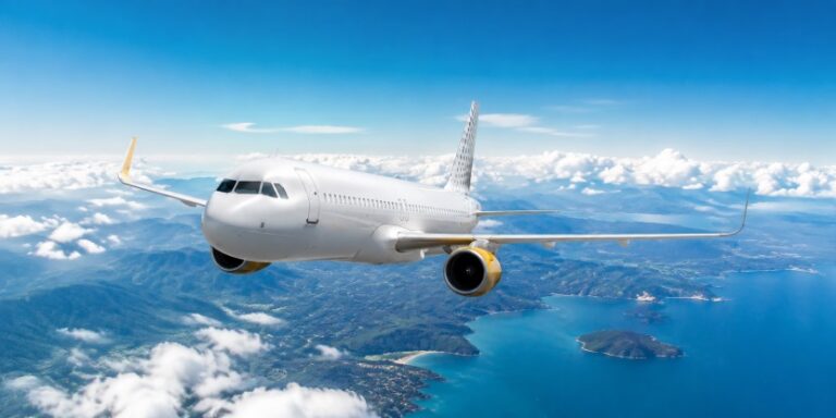 White commercial jet cruising above clouds, over a blue sea and distant islands.