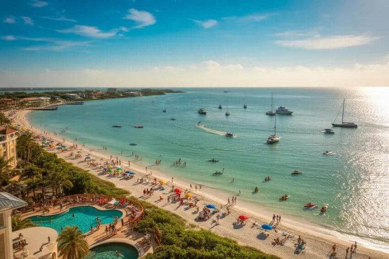 Busy tropical beach with turquoise water, umbrellas, and boats offshore; a resort pool is visible in the foreground in this sunny scene.