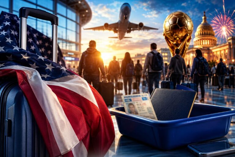 Luggage with an American flag draped over it, a blue tray holds a passport and a notebook at the airport.