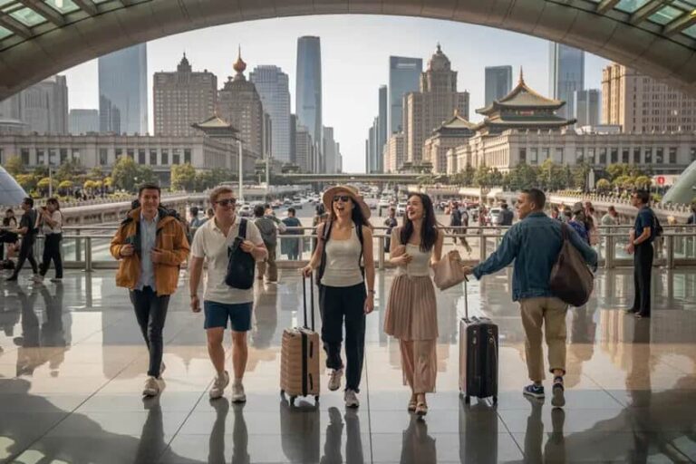 Five travelers with rolling suitcases walk toward the camera in a bright city plaza with a skyline of tall buildings in the background.