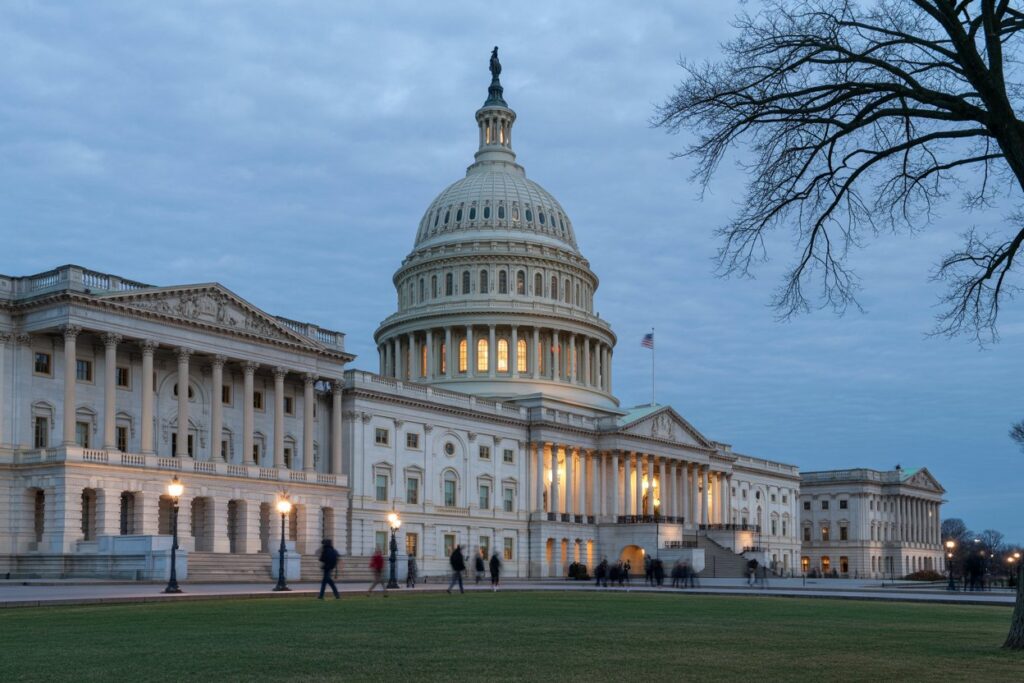 U.S. Capitol building in Washington, D.C. at dusk with lit windows and a flag flying atop the dome.