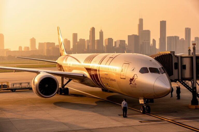 A large commercial airplane parked at a gate during sunset with a city skyline in the background and ground crew nearby.