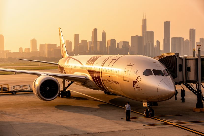 A large commercial airplane parked at a gate during sunset with a city skyline in the background and ground crew nearby.