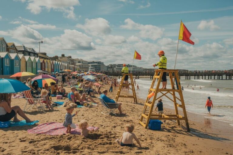 Busy beach scene with colorful huts, families on towels, and lifeguards on elevated chairs watching the water.