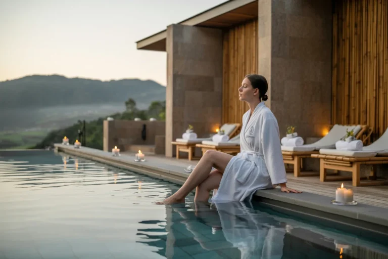 Woman in a white spa robe sits at the pool edge with feet in the water, candles and lounge chairs in the background at a luxurious resort spa at sunset