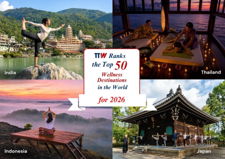 Collage advert for TTW Top 50 Wellness Destinations 2026, featuring India, Thailand, Indonesia, Japan.