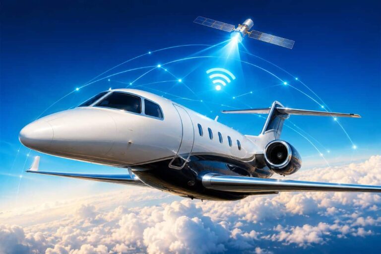 Private jet flying above the clouds with a satellite and Wi‑Fi network graphic indicating in-flight internet connectivity.
