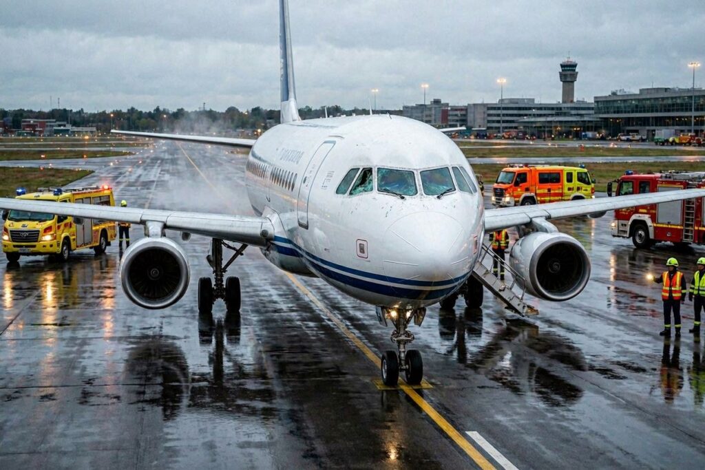 Front view of a white passenger jet on a wet runway, ground crew nearby and emergency vehicles in the background under cloudy skies.