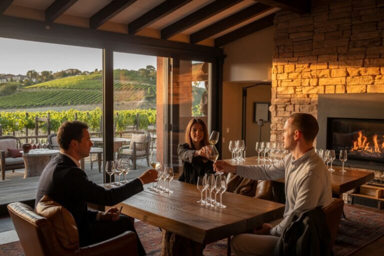 Three people at a rustic dining table toast with wine as a vineyard is visible through large windows behind them.