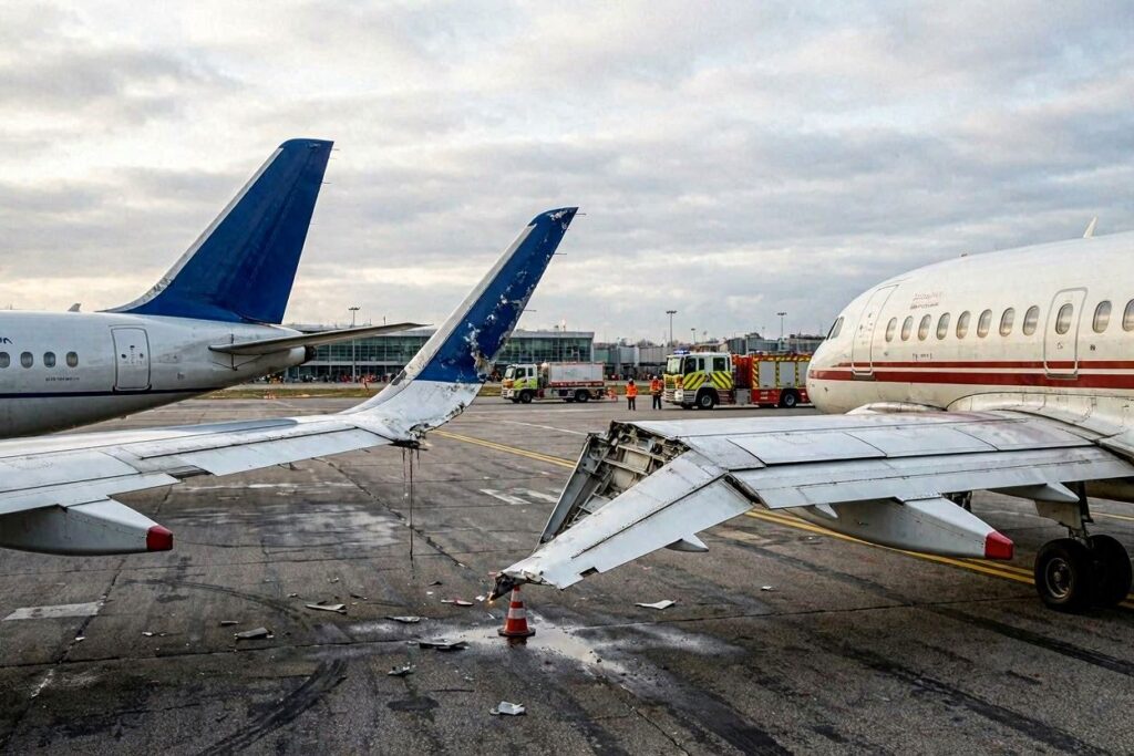 Airplane on the tarmac with a damaged wing and scattered debris, emergency crews visible in the background.