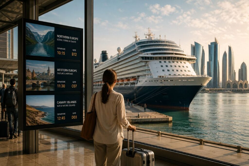 Woman with a brown bag and wheeled suitcase waits at a harbor terminal as a large cruise ship is docked with a modern city skyline in the background.