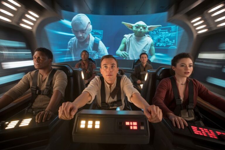 Five crew members steer a sci‑fi spaceship from a cockpit, with a blue holographic screen showing Grogu and Yoda in the background.
