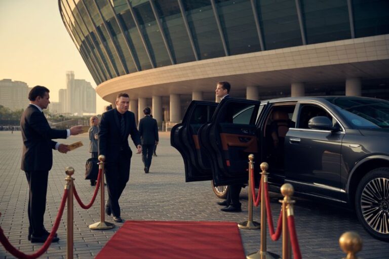Businesspeople greet a chauffeur exiting a luxury car on a red carpet outside a modern event venue.