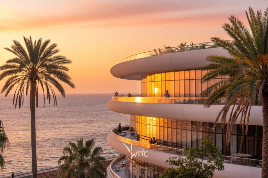 Sunset over the ocean beside a modern, curved glass building with palm trees and a terrace railing in warm orange light