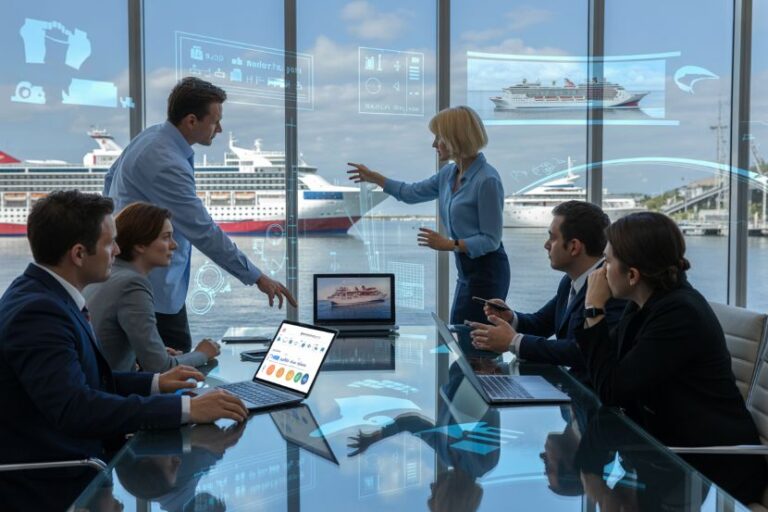 Team in a glass-walled conference room reviewing a cruise ship project with holographic screens and laptops nearby? Wait, remove question marks