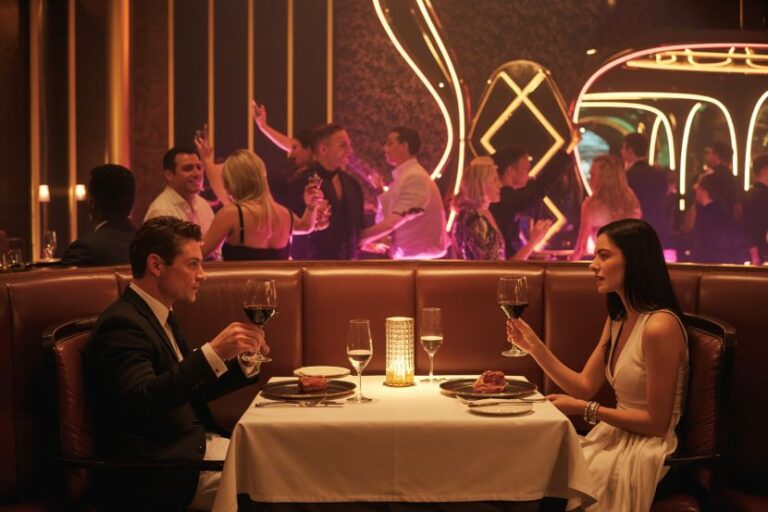 Couple in formal attire dining at a booth, raising wine glasses under warm club lighting with others socializing in the background