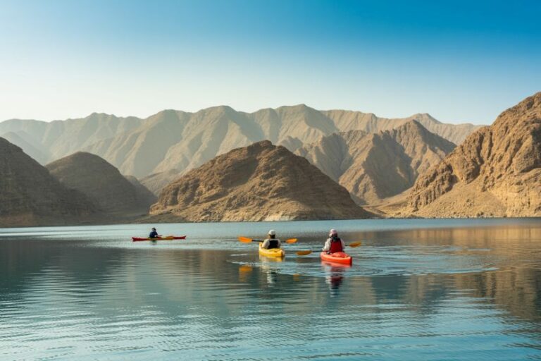 Three kayakers paddling on a calm lake with desert mountains in the background.