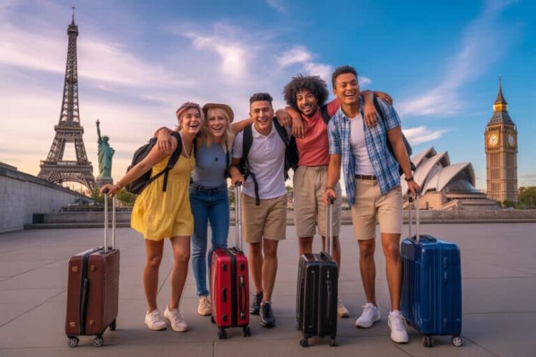 Five friends with rolling suitcases pose together on a sunny plaza with famous landmarks in the background.