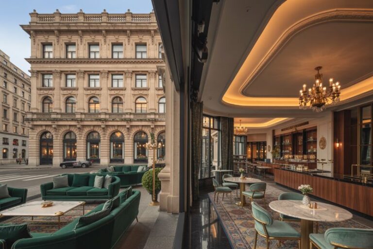 Grand hotel lobby with marble tables and teal chairs, warm chandeliers, open doors to a historic city street outside.