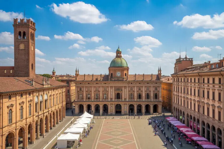 Historic city square with arcaded buildings, central domed building, and market tents along the left in a sunny plaza.