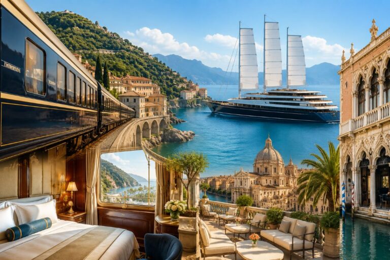 Luxurious hotel room with a terrace view of a coastal town, a large yacht in the bay, and arches along the water.