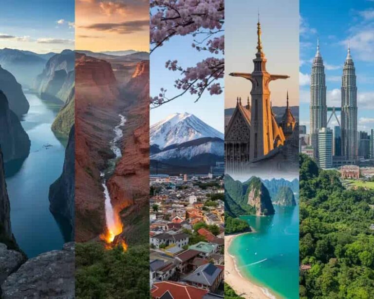 Travel collage showing iconic destinations: canyon, volcano lava field, Mount Fuji with blossoms, a cathedral spire, Petronas Towers, and a turquoise beach scenery.