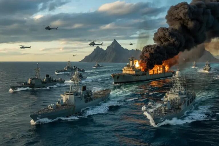 Naval battle scene with multiple warships at sea, a burning ship spewing smoke and flames, while helicopters fly overhead near rugged islands in the distance.