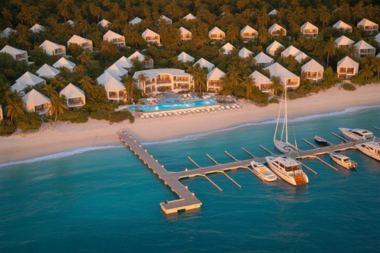 Overwater bungalows line a tropical beach with a central resort building and a bright blue pool, surrounded by palm trees and turquoise waterpeninsula of boats at a wooden pier.