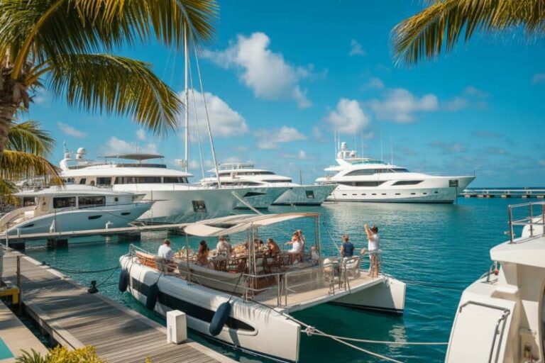 Group of people dining and socializing on a catamaran at a sunny tropical marina with large yachts in the background