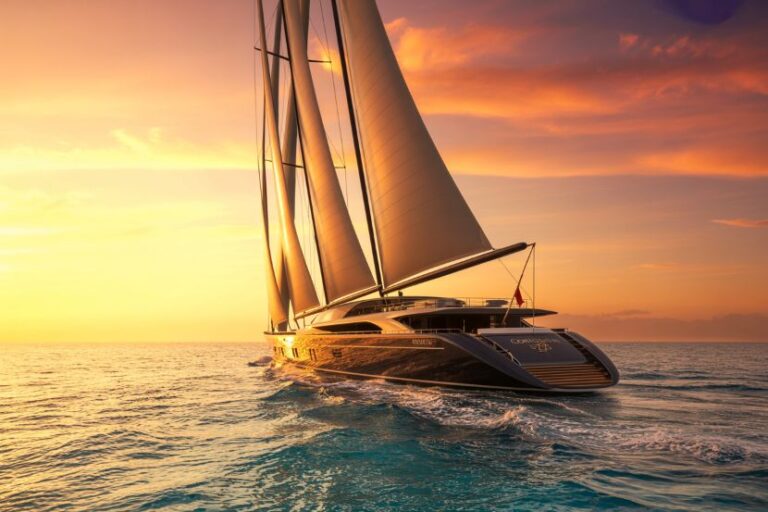 Luxury catamaran yacht sailing on calm ocean at sunset with an orange‑pink sky behind it.