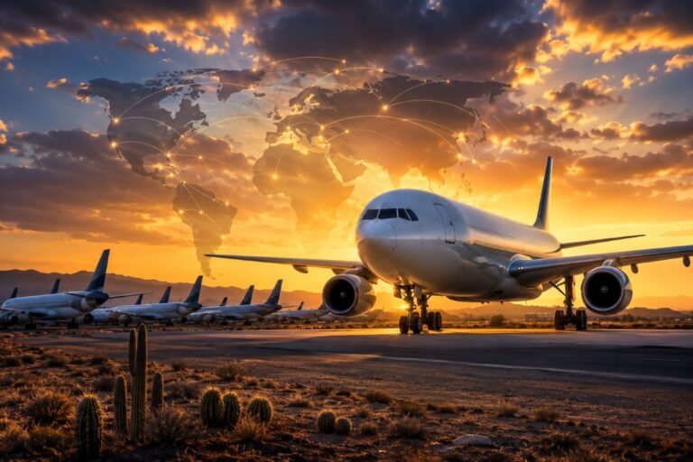 Airplane on a runway at sunset with a glowing world map and network lines in the sky, symbolizing global air travel and connectivity.