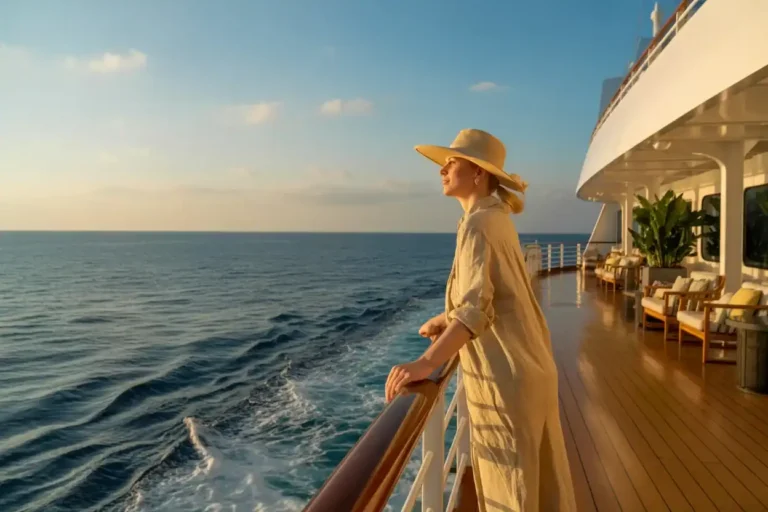 Woman in a wide-brim hat and beige dress leaning on a ship railing, gazing at the ocean at sunset.