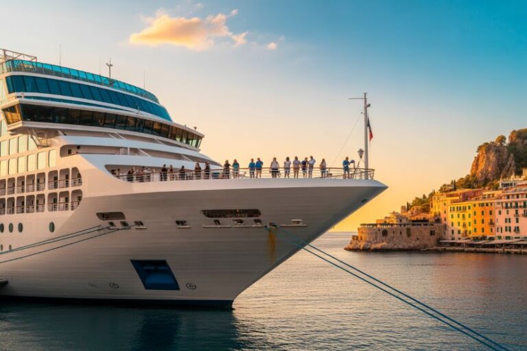 Huge cruise ship docked near a colorful coastal town at sunset, passengers standing on the bow looking toward shore.