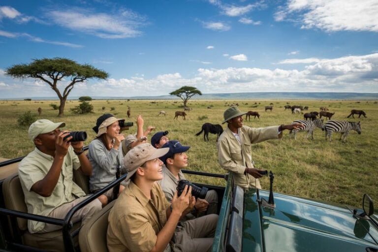Group of safari travelers in an open-top jeep watching zebras on the savannah, guided by a ranger pointing ahead.