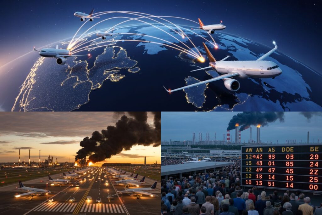 Composite image of international air travel: planes flying around a glowing Earth with route lines, plus an airport fire and a crowded terminal near smokestacks